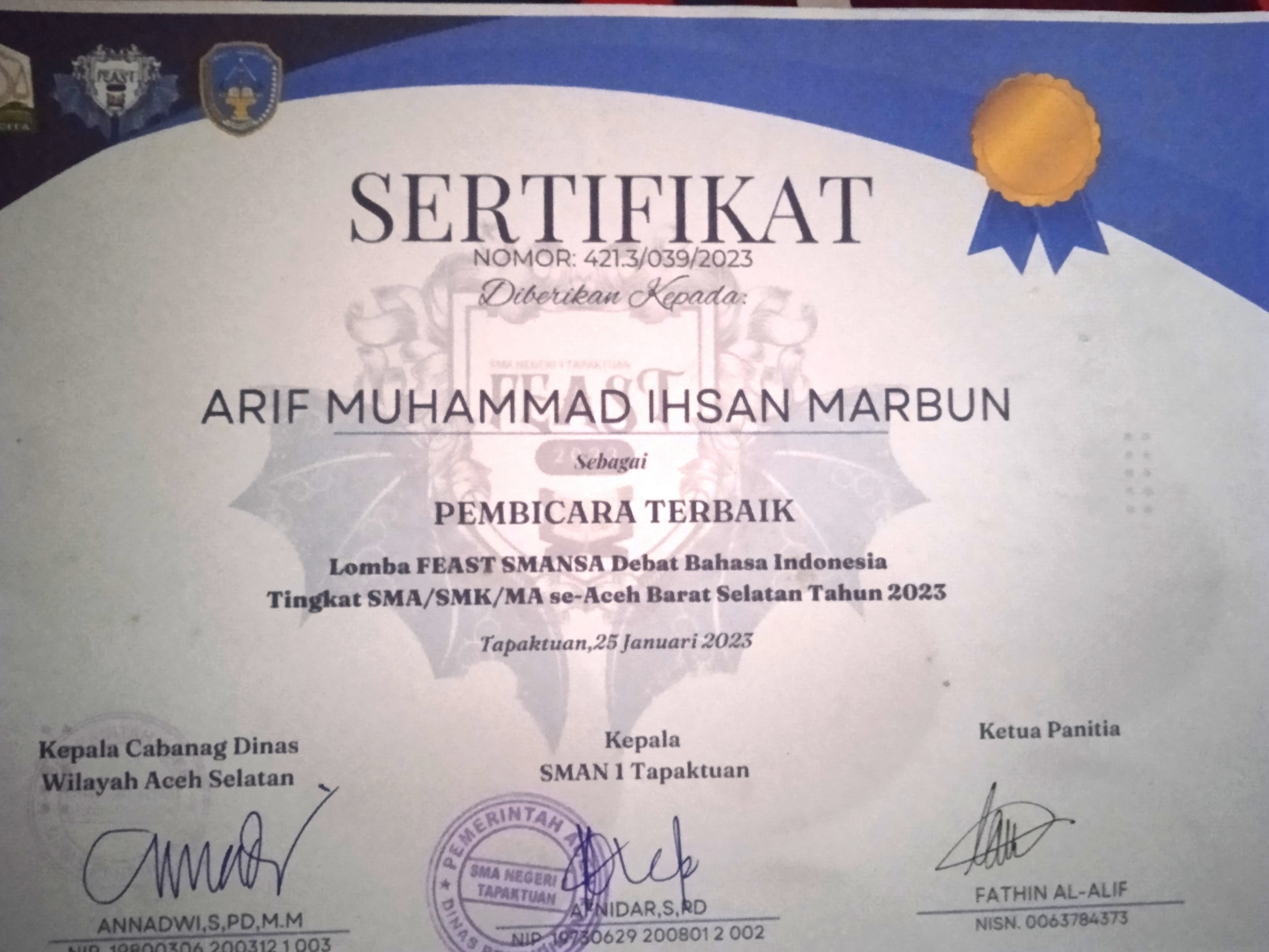 Best Speakers Award in Competition Debate Indonesian Language 2023