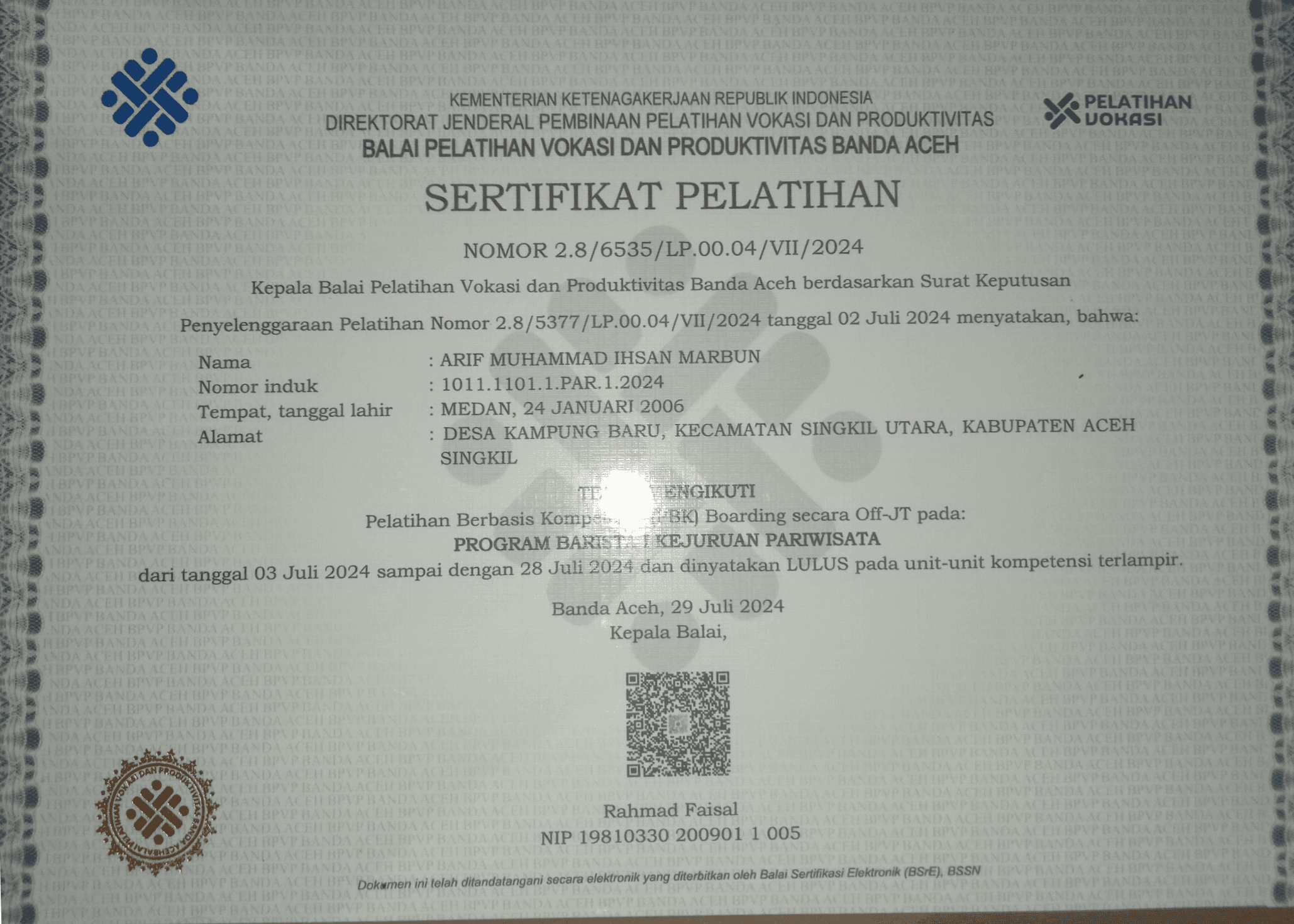 Barista Training Certificate - Basic Level